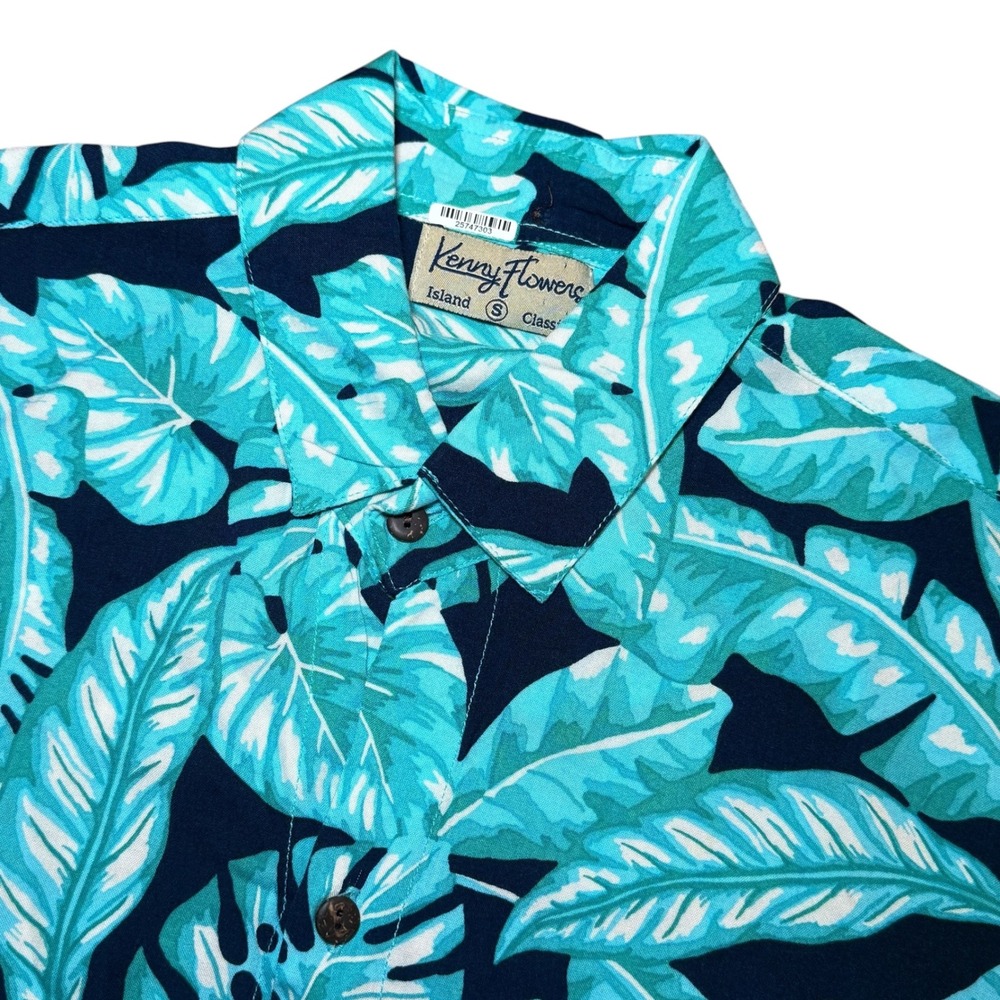 Kenny Flowers Island Classic Teal Navy Tropical Leaf Rayon Button Up Shirt Men S